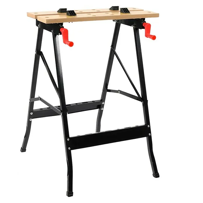 Banco de trabajo plegable - L x An: 56 x 62 cm, Altura de trabajo: 76 cm, Carga soportada: 100 kg - Un banco de trabajo robusto y versátil con una superficie de madera y patas metálicas negras, ideal para taller y hobby.