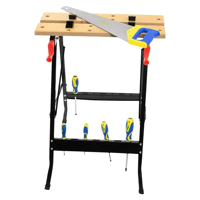 Banco de trabajo plegable - L x An: 56 x 62 cm, Altura de trabajo: 76 cm, Carga soportada: 100 kg - Banco de trabajo con destornilladores y sierra. El banco de trabajo está equipado con una sierra y varios destornilladores.