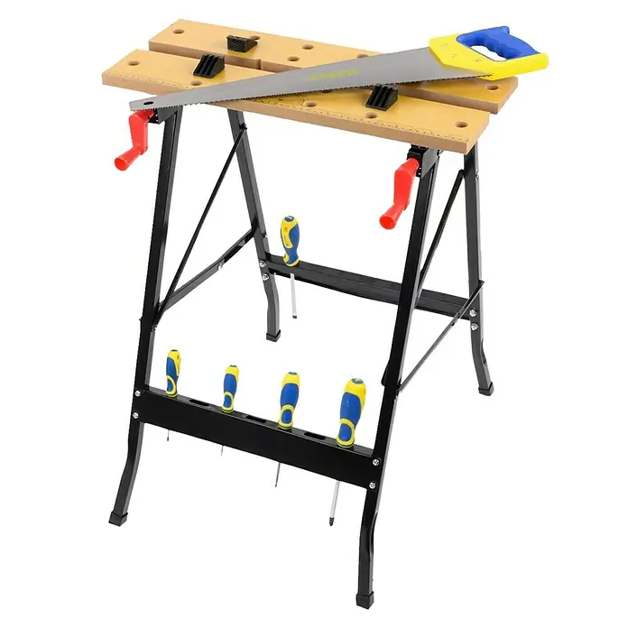 Banco de trabajo plegable - L x An: 56 x 62 cm, Altura de trabajo: 76 cm, Carga soportada: 100 kg - Un banco de trabajo con una superficie amarilla, patas negras, palancas de sujeción rojas y una sierra de mano.