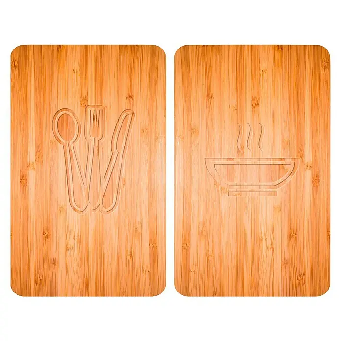 Wenko Placa de protección de vidrio Lunch - L x An: 52 x 30 cm, Madera, Panel de vidrio de seguridad - Juego de dos tablas de cortar de bambú, cada una con diseños grabados con motivos de cocina.