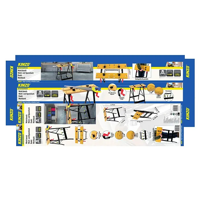 Banco de trabajo plegable - L x An: 56 x 62 cm, Altura de trabajo: 76 cm, Carga soportada: 100 kg - Accesorios para banco de trabajo Kinzo: banco de trabajo, Werk- und Spanntisch, Établi y Werkbank. Compacto, plegable y fácil de transportar.