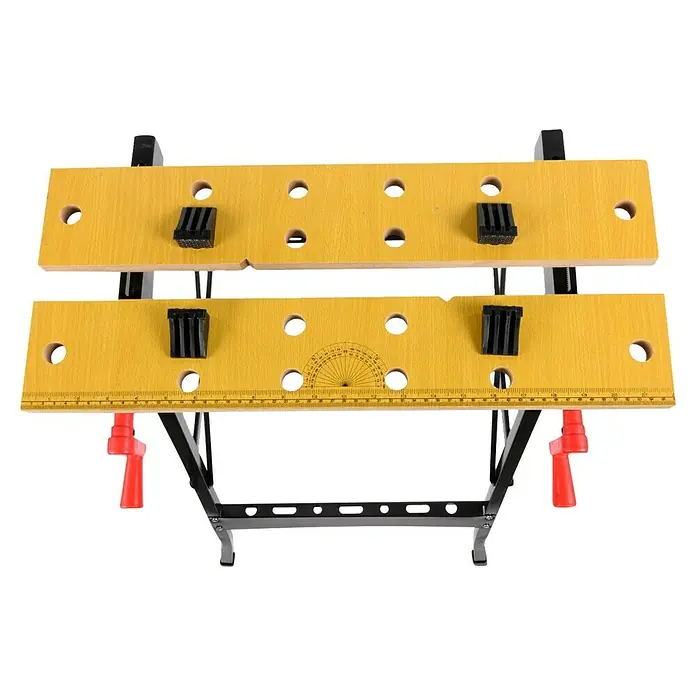 Banco de trabajo plegable - L x An: 56 x 62 cm, Altura de trabajo: 76 cm, Carga soportada: 100 kg - Banco de trabajo representado con superficie de trabajo amarilla, mordazas de fijación y mango rojo para ajustar la altura. El marco es negro y plegable.