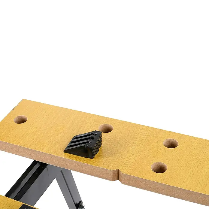 Banco de trabajo plegable - L x An: 56 x 62 cm, Altura de trabajo: 76 cm, Carga soportada: 100 kg - El banco de trabajo con superficie amarilla y elementos negros ofrece una solución práctica para tareas de taller.
