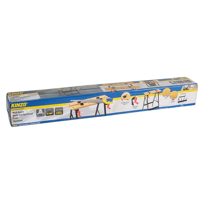 Banco de trabajo plegable - L x An: 56 x 62 cm, Altura de trabajo: 76 cm, Carga soportada: 100 kg - El embalaje de un banco de trabajo Kinzo muestra una sierra en el banco adecuada para trabajos de bricolaje.