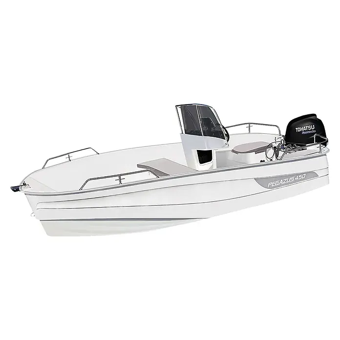 PEGAZUS GFK-Boot 450 Ready to Go 1511 kW, Geeignet für: Max. 5 Personen, CE-Klasse C - Ein weißes Pegasus 450 Motorboot, bereit für Abenteuer auf dem Wasser, wird hier detailliert dargestellt.