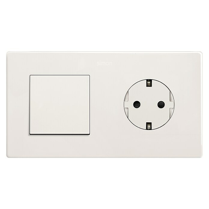 Interruptor de pared con enchufe aislado sobre fondo blanco.