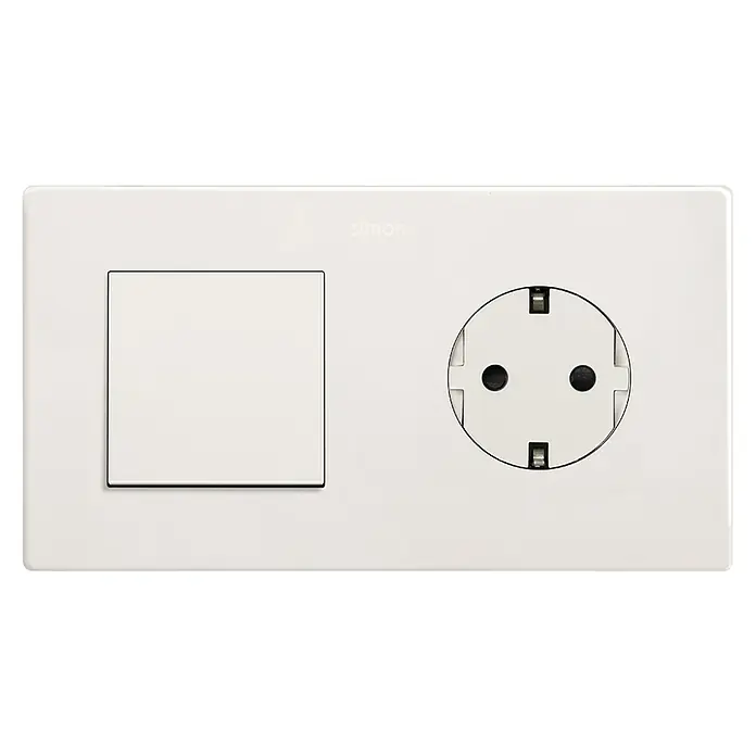 Simon 270 Combinación de interruptores + enchufe - Blanco, x 2, Alineación de los mecanismos: Vertical, Montaje en superficie, IP20 - Primer plano de un enchufe e interruptor de luz blanco de la marca Simon, ideal para interiores modernos.