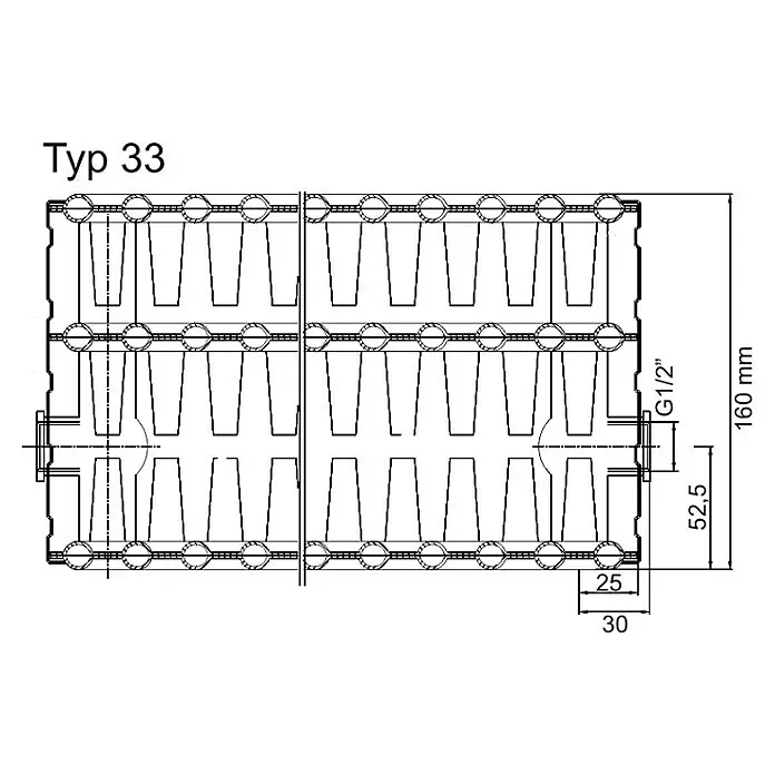 Austauschheizkörper - B x H: 1.600 x 950 mm, Wärmeleistung bei Vorlauftemperatur von 75 °C (D: 50): 4.867 W, Typ Heizkörper: 33 - Skizze
