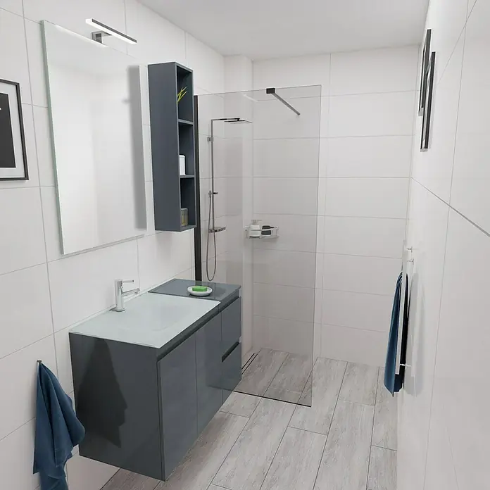Camargue Espacio Einbauwaschbecken Puro - 60 x 46 cm, Weiß - Modernes Badezimmer-Interieur mit grauem Waschtischunterschrank, Spiegelschrank und Duschkabine. Helle Fliesen und Holzboden sorgen für ein freundliches Ambiente.