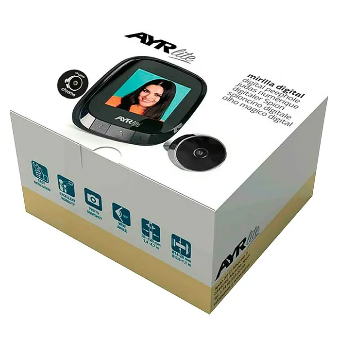 AYR Mirilla digital 9001 - Negro, Grosor de la puerta: 35 mm - 120 mm - Imagen de un paquete de mirilla digital AYR lite que muestra los detalles y las características del producto.