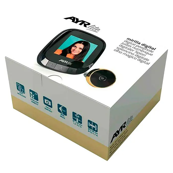 AYR Mirilla digital 9001 - Dorado, Grosor de la puerta: 35 mm - 120 mm - El conjunto de mirilla digital AYR Lite en su embalaje, que incluye monitor y mirilla, ofrece una seguridad moderna para tu hogar.