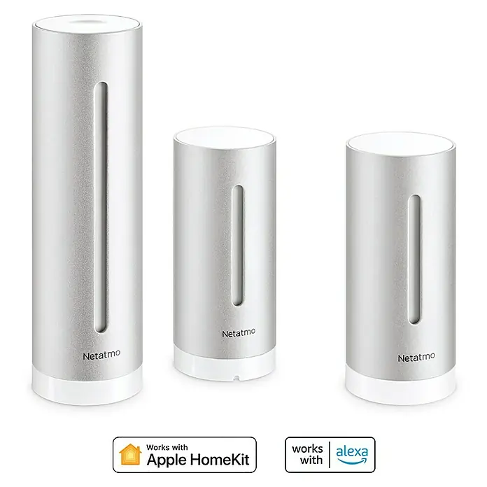 Netatmo Estación meteorológica inalámbrica con módulo interior - Indicador de medición digital, Plateado, 4,5 x 4,5 x 15,5 cm - Primer plano de estaciones meteorológicas Netatmo, compatibles con Apple HomeKit y Alexa, que garantizan datos precisos.