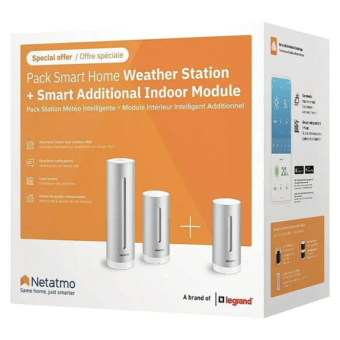 Netatmo Estación meteorológica inalámbrica con módulo interior - Indicador de medición digital, Plateado, 4,5 x 4,5 x 15,5 cm - Embalaje del producto para la estación meteorológica Netatmo Smart Home con módulo interior adicional inteligente.