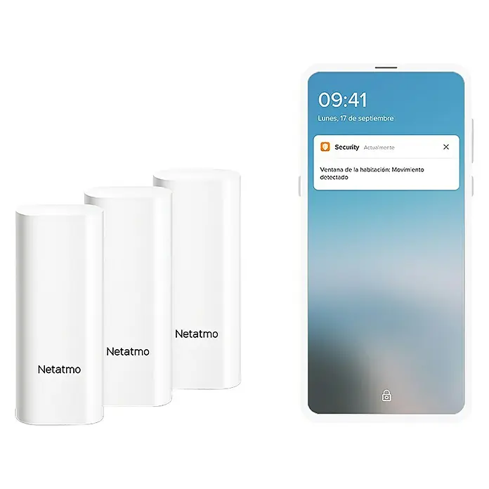 Netatmo Sensor de ventana y puerta inteligente - Específico para: Puertas y ventanas - Tres dispositivos Netatmo se muestran junto a un teléfono inteligente que muestra una notificación de seguridad de detección de movimiento.
