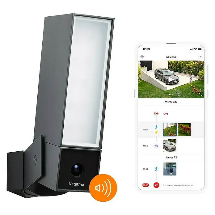 Netatmo Cámara de vigilancia con sirena - Negro, Ángulo de detección: 100 °, Alcance de detección: 15 m - Luz exterior inteligente con cámara para mayor seguridad. Monitorea tu hogar con la cámara exterior Netatmo y recibe notificaciones en tu smartphone.