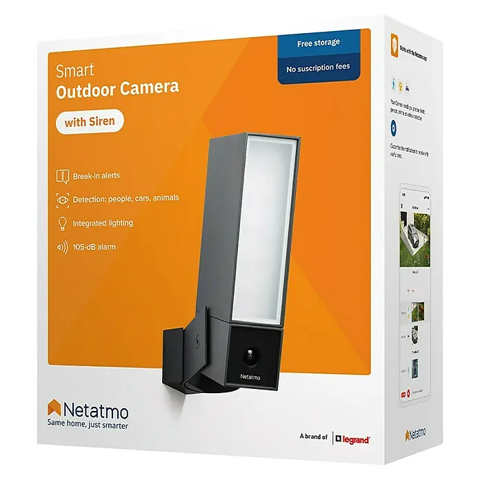 Netatmo Cámara de vigilancia con sirena - Negro, Ángulo de detección: 100 °, Alcance de detección: 15 m - Embalaje de la cámara inteligente para exteriores Netatmo con sirena, que ofrece alertas de intrusión, detección de personas e iluminación integrada.