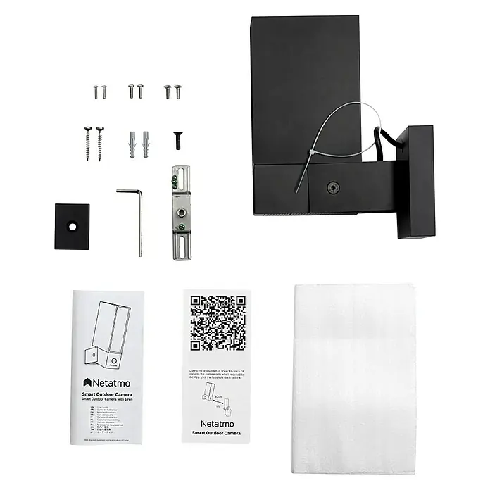 Netatmo Cámara de vigilancia con sirena - Negro, Ángulo de detección: 100 °, Alcance de detección: 15 m - Accesorios de la cámara exterior inteligente Netatmo, incluyendo tornillos, herramientas, placa de montaje y manuales.