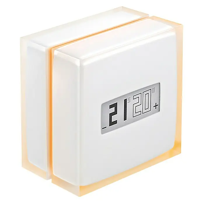 Netatmo Termostato inteligente - L x An x Al: 2,2 x 8,3 x 8,3 cm - Un termostato digital blanco con bordes redondeados que muestra una temperatura de 21,20 grados.