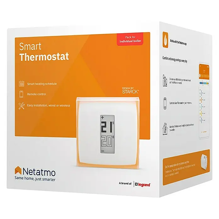 Netatmo Termostato inteligente - L x An x Al: 2,2 x 8,3 x 8,3 cm - Primer plano del embalaje del producto para un termostato inteligente Netatmo para el control individual de calderas.