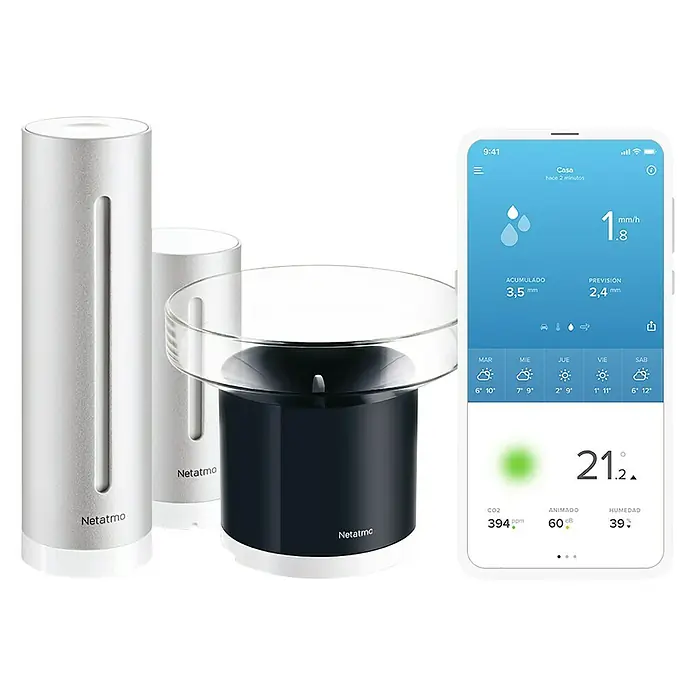 Netatmo Estación meteorológica con pluviómetro inteligente - Pack módulo interior + pluviómetro inteligente - Kit de estación meteorológica Netatmo con pluviómetro y app asociada para el seguimiento de datos meteorológicos.