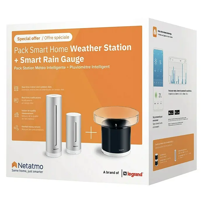 Netatmo Estación meteorológica con pluviómetro inteligente - Pack módulo interior + pluviómetro inteligente - Imagen de un paquete de estación meteorológica inteligente Netatmo Smart Home + pluviómetro inteligente.