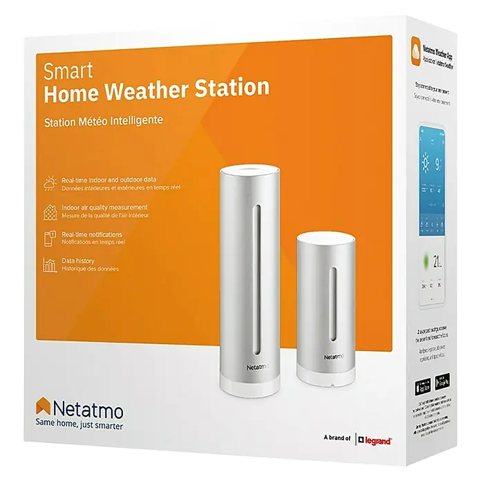 Netatmo Estación meteorológica inalámbrica - Plateado - El conjunto de estación meteorológica inteligente Netatmo en su embalaje, mostrando una app para smartphone.