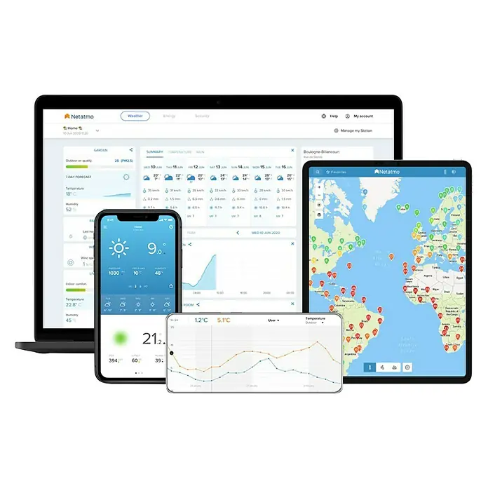 Netatmo Estación meteorológica inalámbrica - Plateado - Ilustración de la estación meteorológica Netatmo en varios dispositivos, mostrando temperatura, humedad y otros datos.