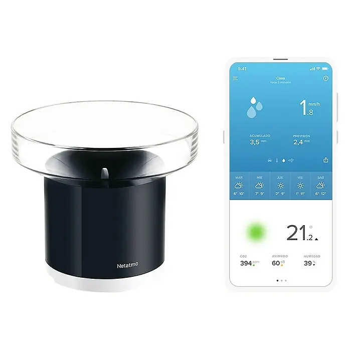 Netatmo Pluviómetro - Funciona con pilas, Diámetro: 13 cm, Negro - El pluviómetro Netatmo con su app para móvil para el seguimiento del tiempo, que proporciona datos de lluvia precisos.