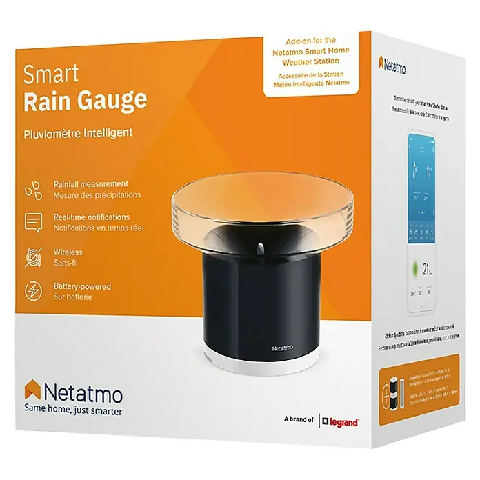 Netatmo Pluviómetro - Funciona con pilas, Diámetro: 13 cm, Negro - El pluviómetro inteligente Netatmo, un complemento para la estación meteorológica, mide la lluvia con notificaciones en tiempo real. Inalámbrico y a batería.