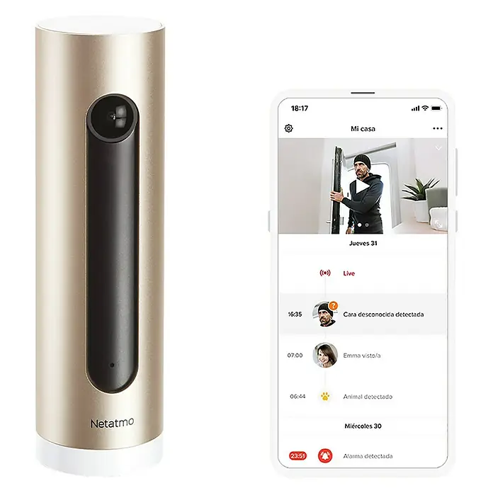 Netatmo Cámara de vigilancia Welcome - Marrón, Ángulo de detección: 130 ° - La imagen muestra una cámara de seguridad Netatmo y su aplicación para smartphone con vista en vivo y notificaciones.