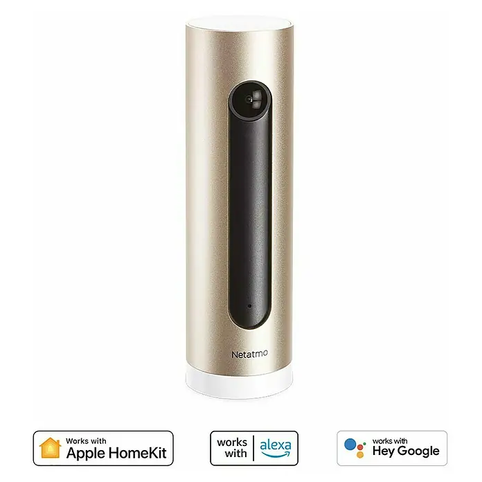 Netatmo Cámara de vigilancia Welcome - Marrón, Ángulo de detección: 130 ° - Cámara interior inteligente Netatmo en oro y blanco, compatible con Apple HomeKit, Alexa y Google Assistant para una domótica mejorada.