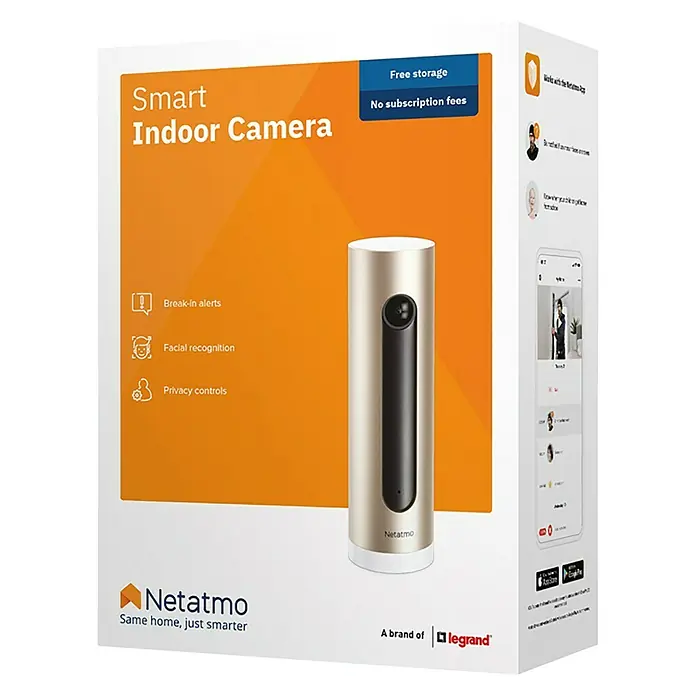 Netatmo Cámara de vigilancia Welcome - Marrón, Ángulo de detección: 130 ° - Embalaje de la cámara interior inteligente Netatmo con información sobre funciones como el reconocimiento facial y las alertas.