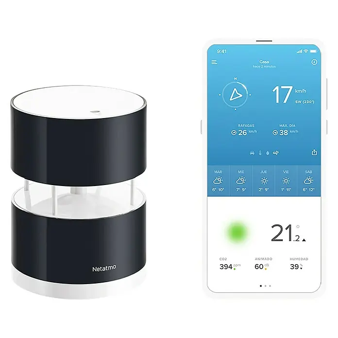 Netatmo Anemómetro - Funciona con pilas, Diámetro: 8,5 cm, Negro - Una imagen del producto estación meteorológica Netatmo, que muestra el dispositivo y una aplicación de teléfono.