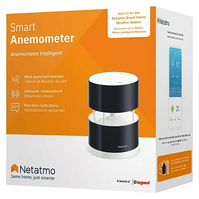 Netatmo Anemómetro - Funciona con pilas, Diámetro: 8,5 cm, Negro - Embalaje del anemómetro inteligente Netatmo, un sensor de viento inteligente para el sistema de estación meteorológica doméstica inteligente.