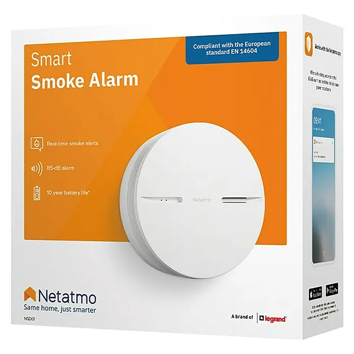 Netatmo Detector de humo inteligente - Diámetro: 11,5 cm, Duración de batería: 10 años, Señal de alarma: 85 dB - Embalaje de la alarma de humo inteligente Netatmo, que cuenta con alertas de humo en tiempo real, una alarma de 85 dB y una duración de batería de 10 años.