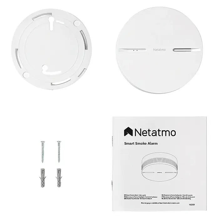 Netatmo Detector de humo inteligente - Diámetro: 11,5 cm, Duración de batería: 10 años, Señal de alarma: 85 dB - Alarma de humo inteligente Netatmo con accesorios de montaje e instrucciones para mayor seguridad en hogares inteligentes.