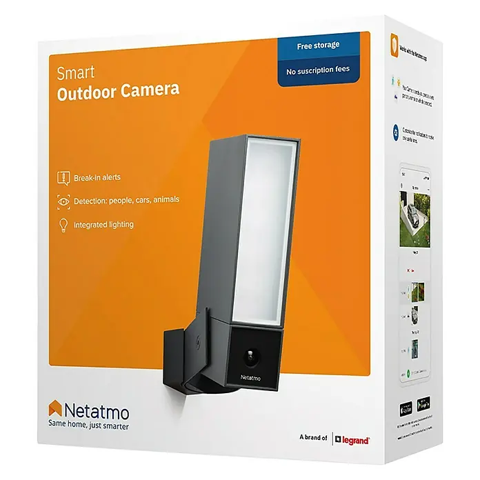 Netatmo Cámara de vigilancia Inteligente - Negro, Ángulo de detección: 100 °, Alcance de detección: 15 m - Embalaje de una Netatmo Smart Outdoor Camera, que ofrece vigilancia inteligente con iluminación integrada para tu hogar.