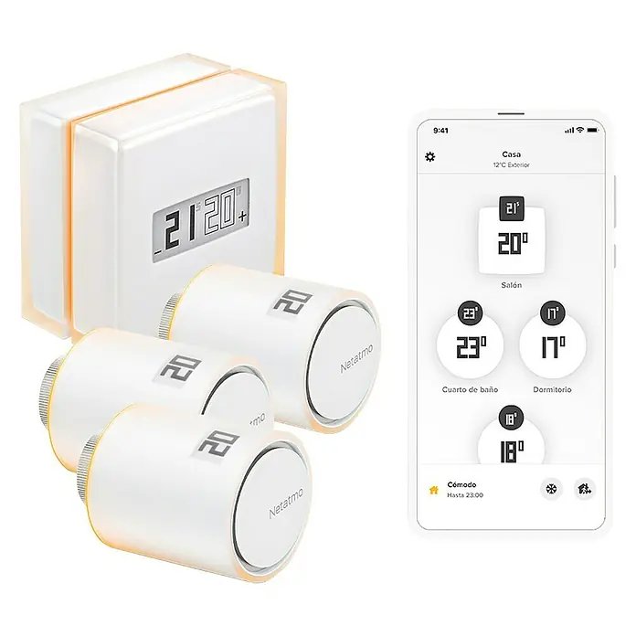 Netatmo Juego de termostato y válvulas - 3 válvulas Netatmo - Termostato inteligente Netatmo con válvulas de radiador, para el control de la temperatura con app para smartphone.