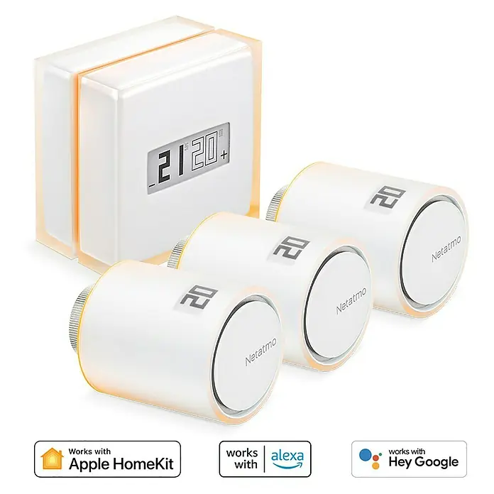 Netatmo Juego de termostato y válvulas - 3 válvulas Netatmo - Set de termostatos inteligentes para radiadores Netatmo con unidad de control, compatible con Apple HomeKit, Alexa y Google Assistant.
