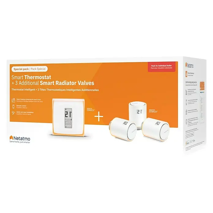 Netatmo Juego de termostato y válvulas - 3 válvulas Netatmo - El termostato inteligente Netatmo con 3 válvulas de radiador inteligentes adicionales para el control individual de la calefacción.