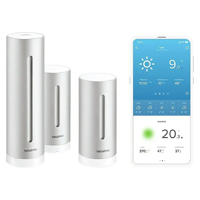 Netatmo Estación meteorológica inalámbrica con módulo interior - Indicador de medición digital, Plateado, 4,5 x 4,5 x 15,5 cm - Estación meteorológica Netatmo con tres sensores y aplicación para smartphone para monitorizar la temperatura, humedad y calidad del aire.