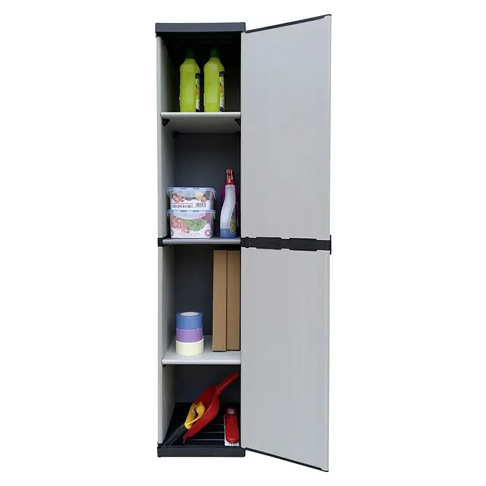 Kunststoff-Mehrzweckschrank - L x B x H: 39,5 x 34 x 168 cm - Ein offener grauer Mehrzweckschrank mit Regalen, auf denen Reinigungsutensilien und andere Gegenstände aufbewahrt werden.