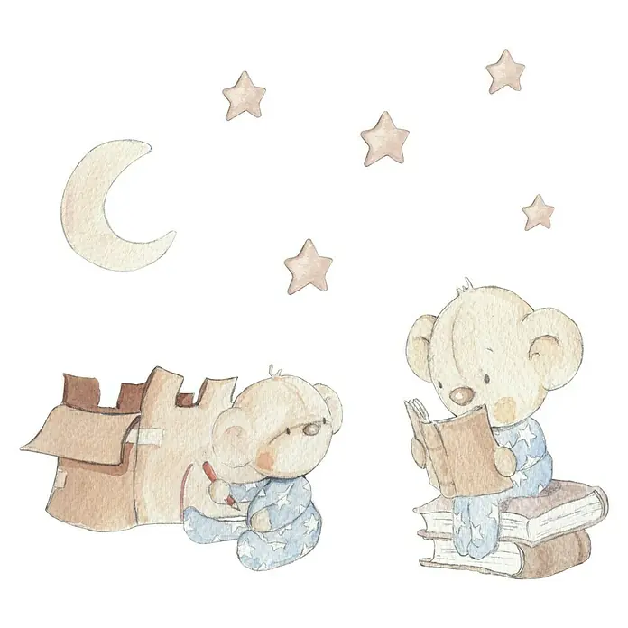 Vinilo de pared I Tell You a Story - Beige, Plástico - Linda ilustración con ositos de peluche leyendo y dibujando bajo la luz de la luna, ideal para decoración infantil.