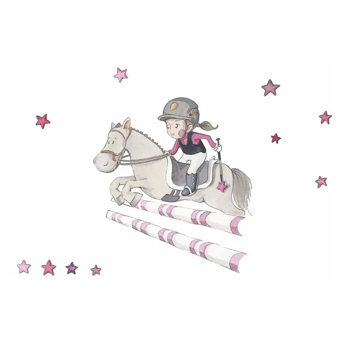 Vinilo de pared Amazona - Gris, Plástico - Ilustración de una niña a caballo saltando un obstáculo, rodeada de estrellas, ideal para libros infantiles o decoraciones temáticas.