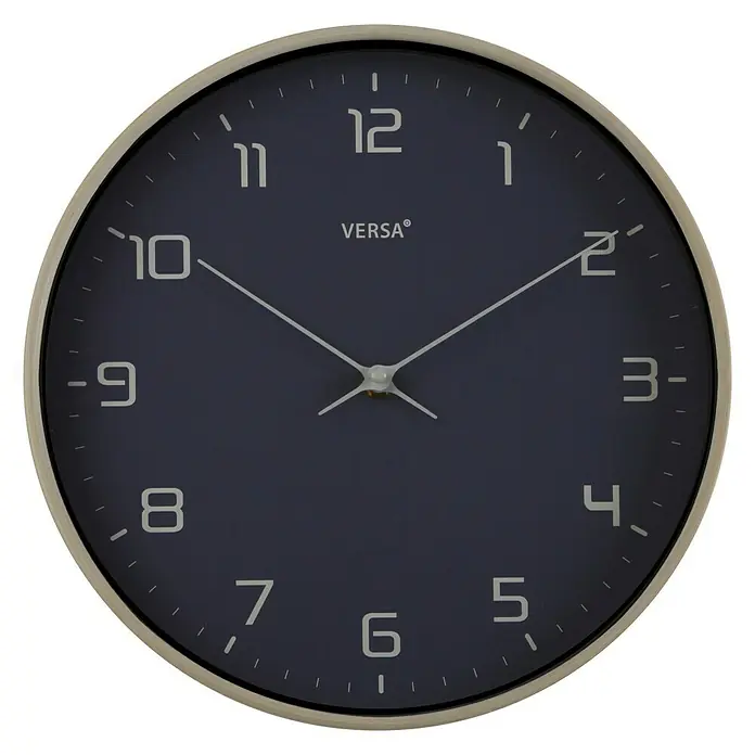 Versa Reloj de pared Clásico - Diámetro: 40 cm, 40 x 40 cm, Azul, Clásico - Un elegante reloj de pared Versa con un marco plateado elegante y una esfera azul oscuro, perfecto para espacios de vida modernos.