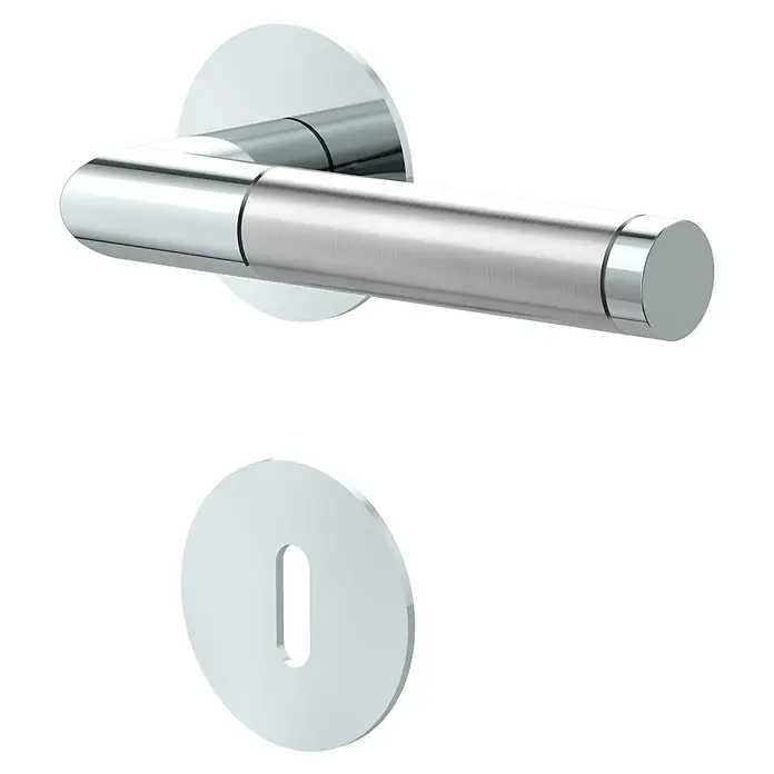 Diamond Doors Design Drückergarnitur Oregon - Stärke Tür: 40 mm - 45 mm, Edelstahl, L-Form, Buntbart - Türgriff aus Chrom mit runder Rosette und Schlüssellochblende für moderne Inneneinrichtung.
