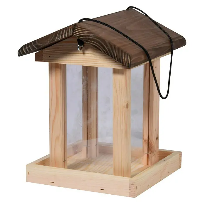 Dobar Vogelfutterhaus Wildlife - 20 x 20 x 28 cm, Natur/Braun, Holz - Holz-Vogelhaus mit einem braunen Dach und durchsichtigen Wänden, ideal zur Beobachtung von Vögeln in Ihrem Garten.