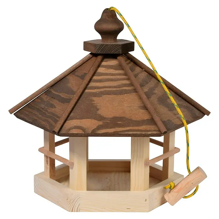 Dobar Vogelfutterhaus Wildlife - 35 x 31 x 37 cm, Natur/Braun, Holz - Hölzernes Vogelhaus mit sechseckigem Grundriss, dunklem Dach und gelbem Seil zum Aufhängen. Das Vogelhaus ist ideal für den Garten.