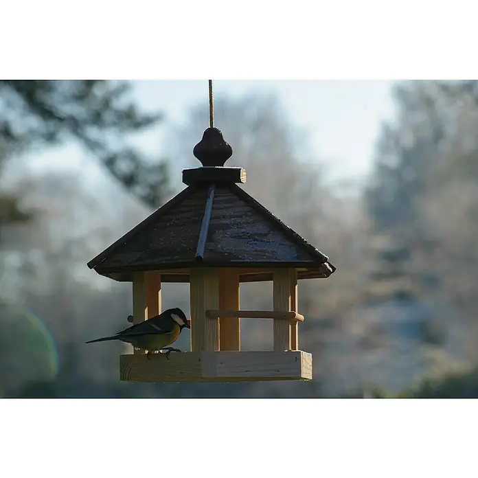 Dobar Vogelfutterhaus Wildlife - 35 x 31 x 37 cm, Natur/Braun, Holz - Ein hölzernes Vogelhaus hängt draußen, während ein Vogel darin sitzt und frisst, eine friedliche Gartenszene.