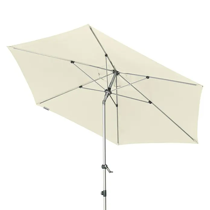 Doppler Expert Marktschirm rund Auto Tilt - Natur, Durchmesser Bespannung: 320 cm - Ein beiger rechteckiger Sonnenschirm mit einem stabilen silbernen Ständer sorgt für Schatten und Komfort im Freien.